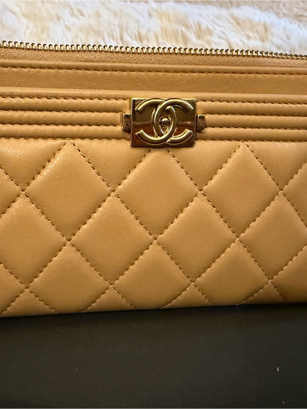 CHANEL Quilted Lambskin Clutch in Tan with Gold CC Hardware
